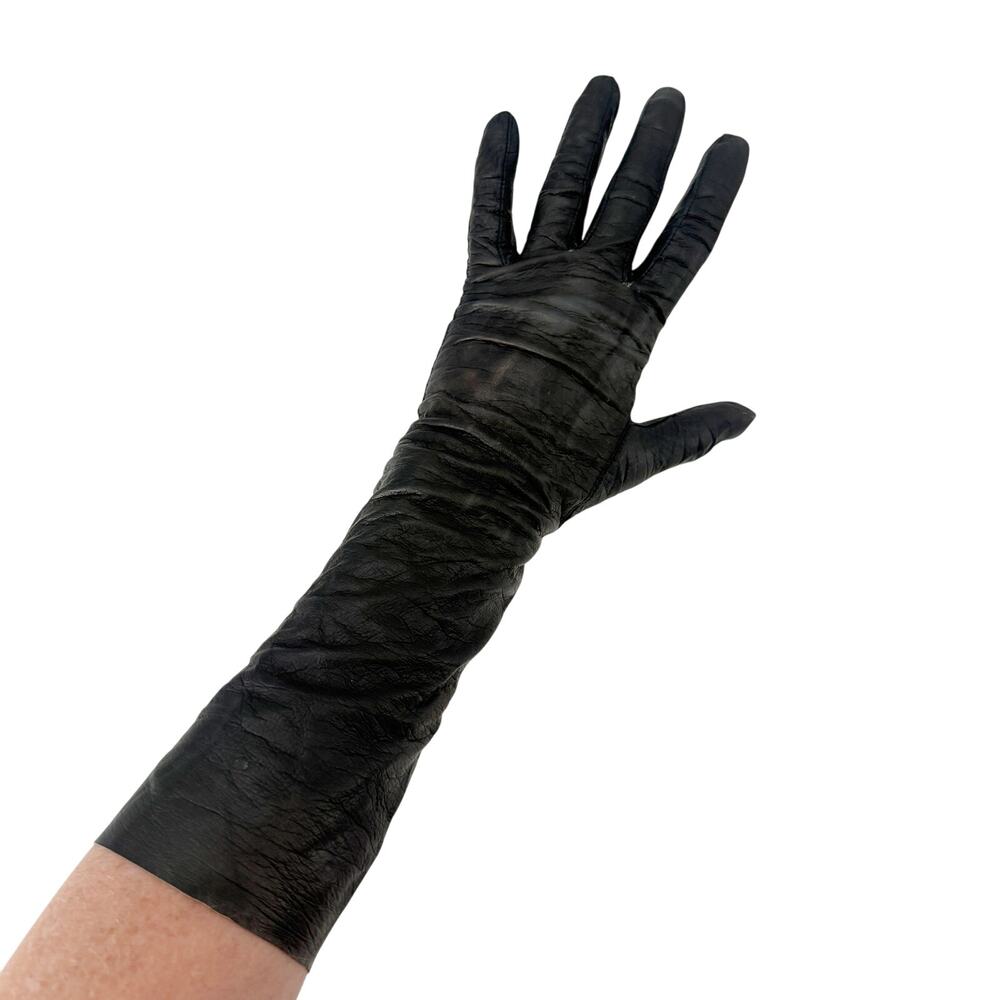 vintage black leather Fashion Dress Gloves women's XS / S above wrist length